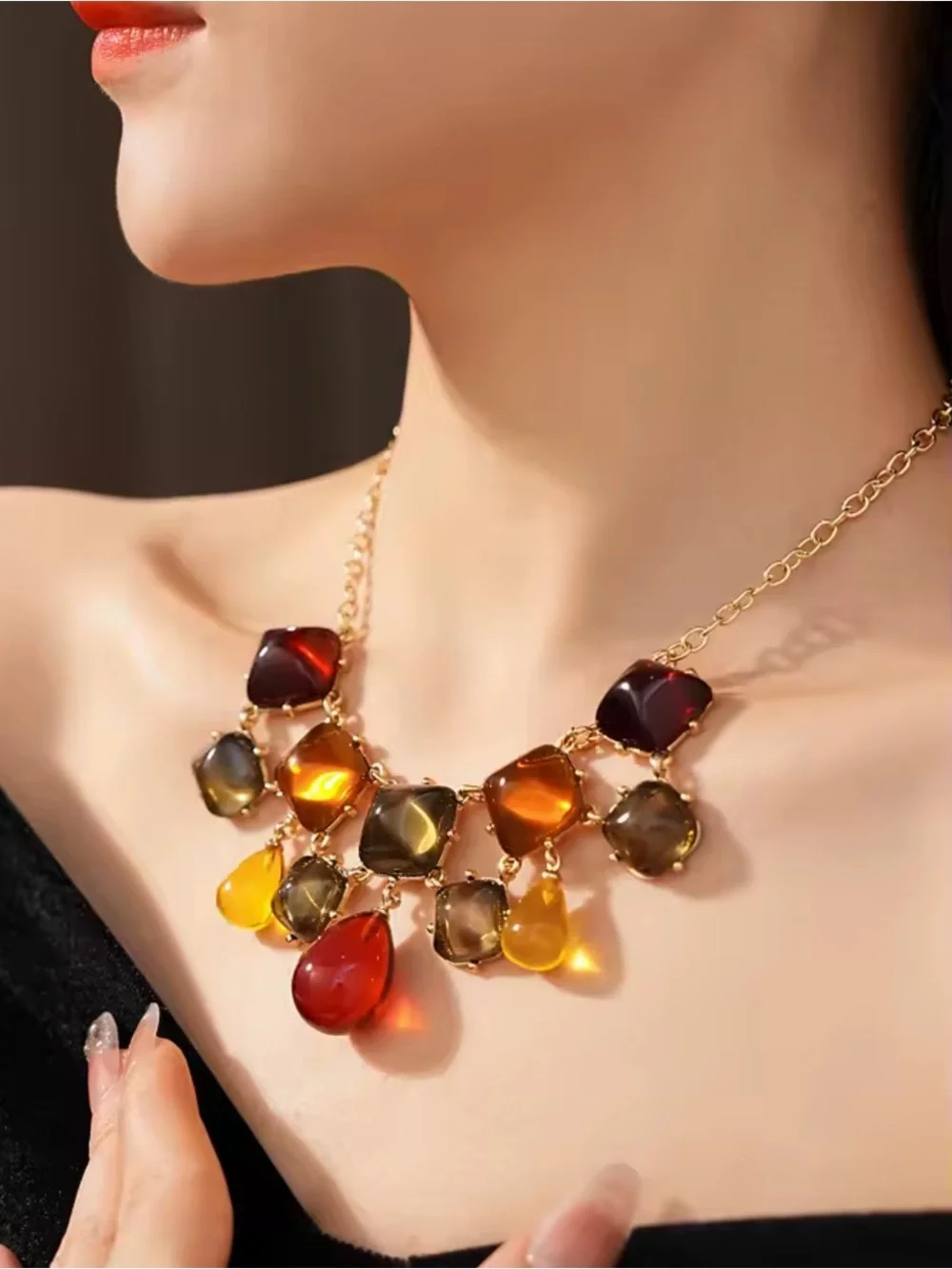 Necklace with Amber, Brown and Burgundy Gem Drops adjustable size